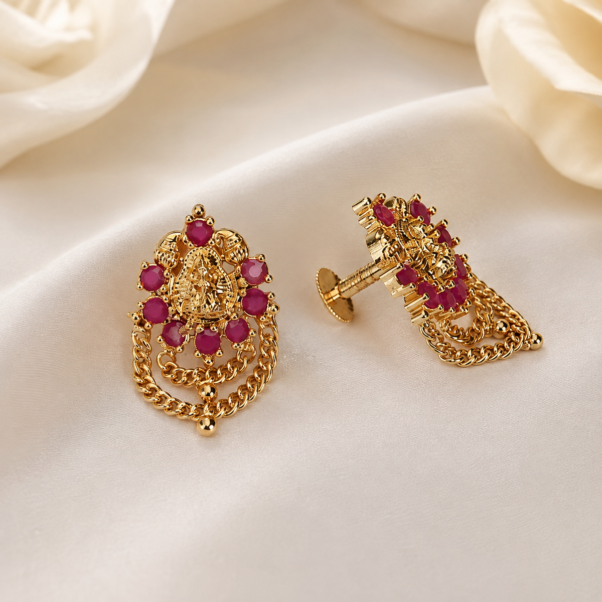 Traditional OneGramGold Ruby Chain Laxmi Earrings