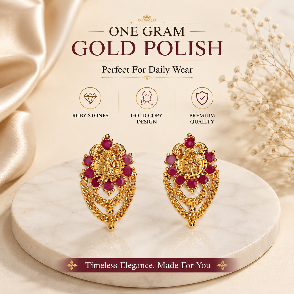 Traditional OneGramGold Ruby Chain Laxmi Earrings