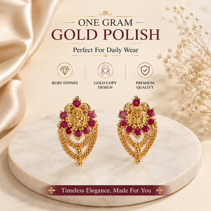 Traditional OneGramGold Ruby Chain Laxmi Earrings