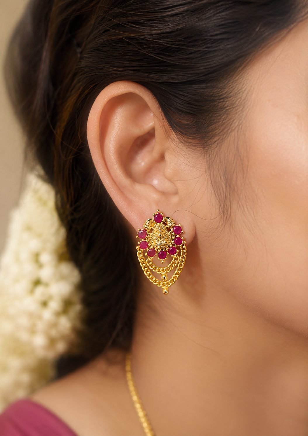 Traditional OneGramGold Ruby Chain Laxmi Earrings