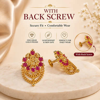 Traditional OneGramGold Ruby Chain Laxmi Earrings